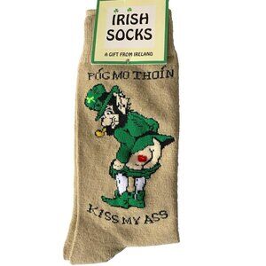 Irish Socks Women's Novelty Socks Beige/Green Sizes 6-11 Leprechaun Kiss My A*se